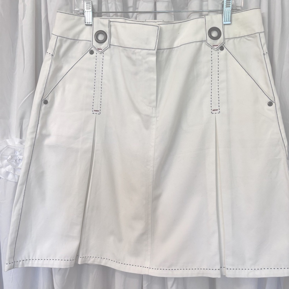 CABI‎ WHITE COTTON PLEATED SKIRT BLUE & RED ACCENT STITCHING SIZE 12 Vintage